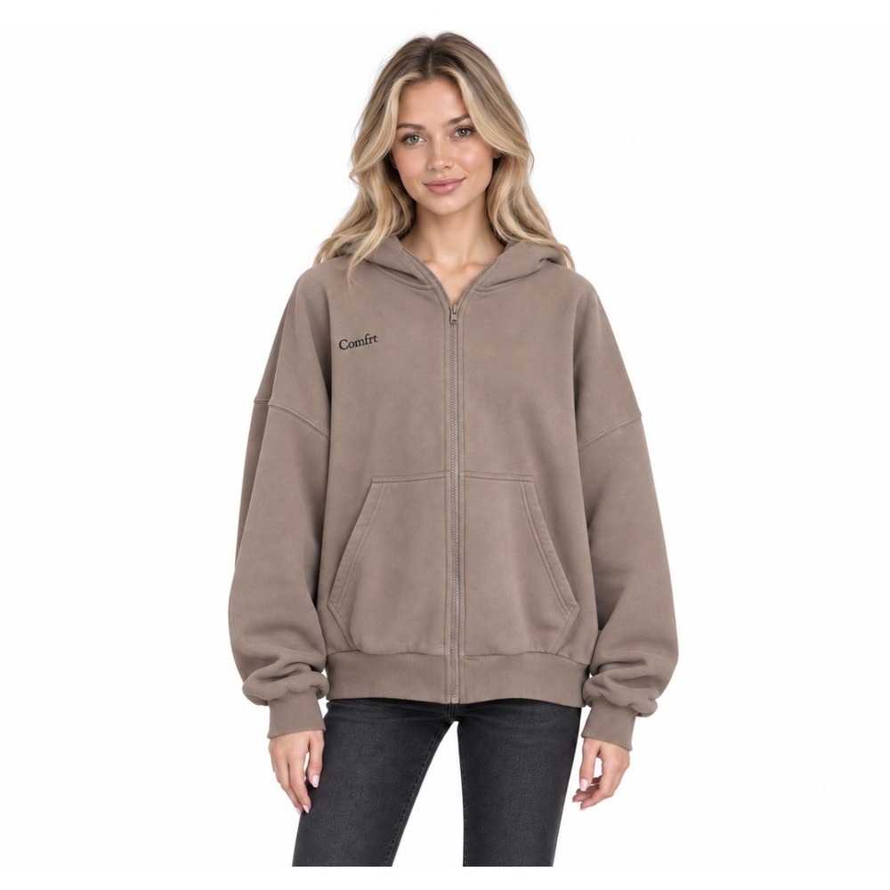 Comfrt Cloud Zip Up Hoodie in Taupe Brown Small Oversized Fleece Sweatshirt